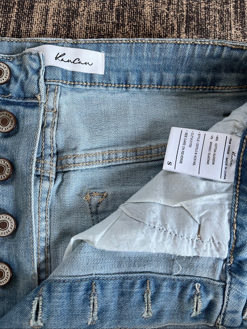 KanCan Light Blue High-Rise Button-Fly Jean Skirt.